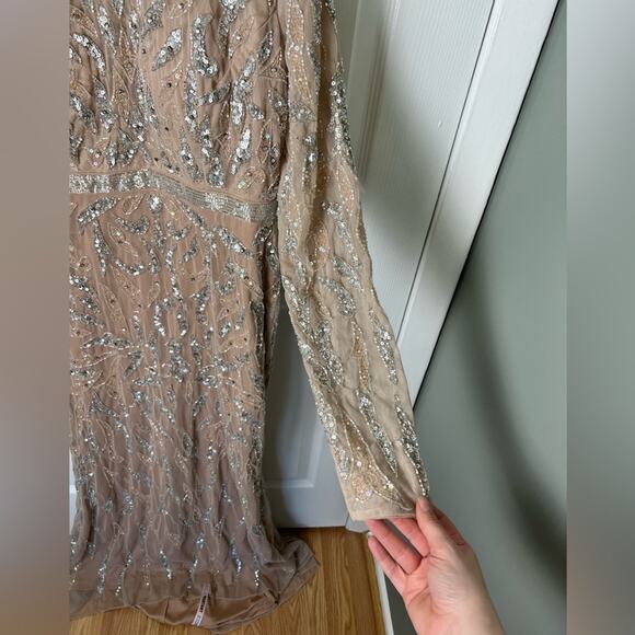 Mac Duggal Cream Silver Beaded Illusion Yoke Long Sleeve Evening #5124 Gown 10 - Picture 4 of 10